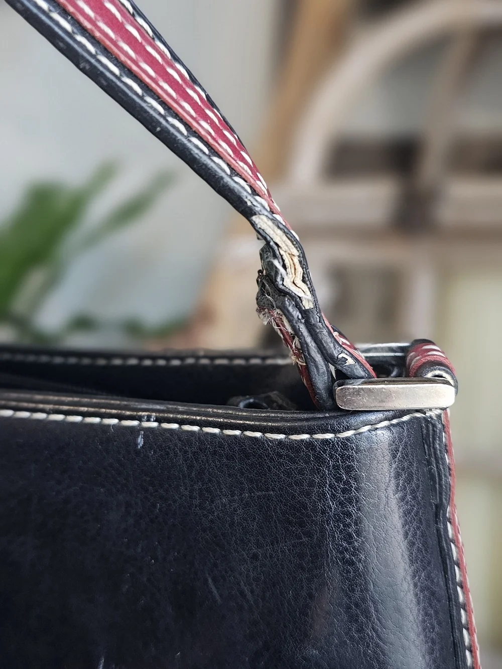 kate spade Black Leather Shoulder Bag with Red/white-Trim Handle